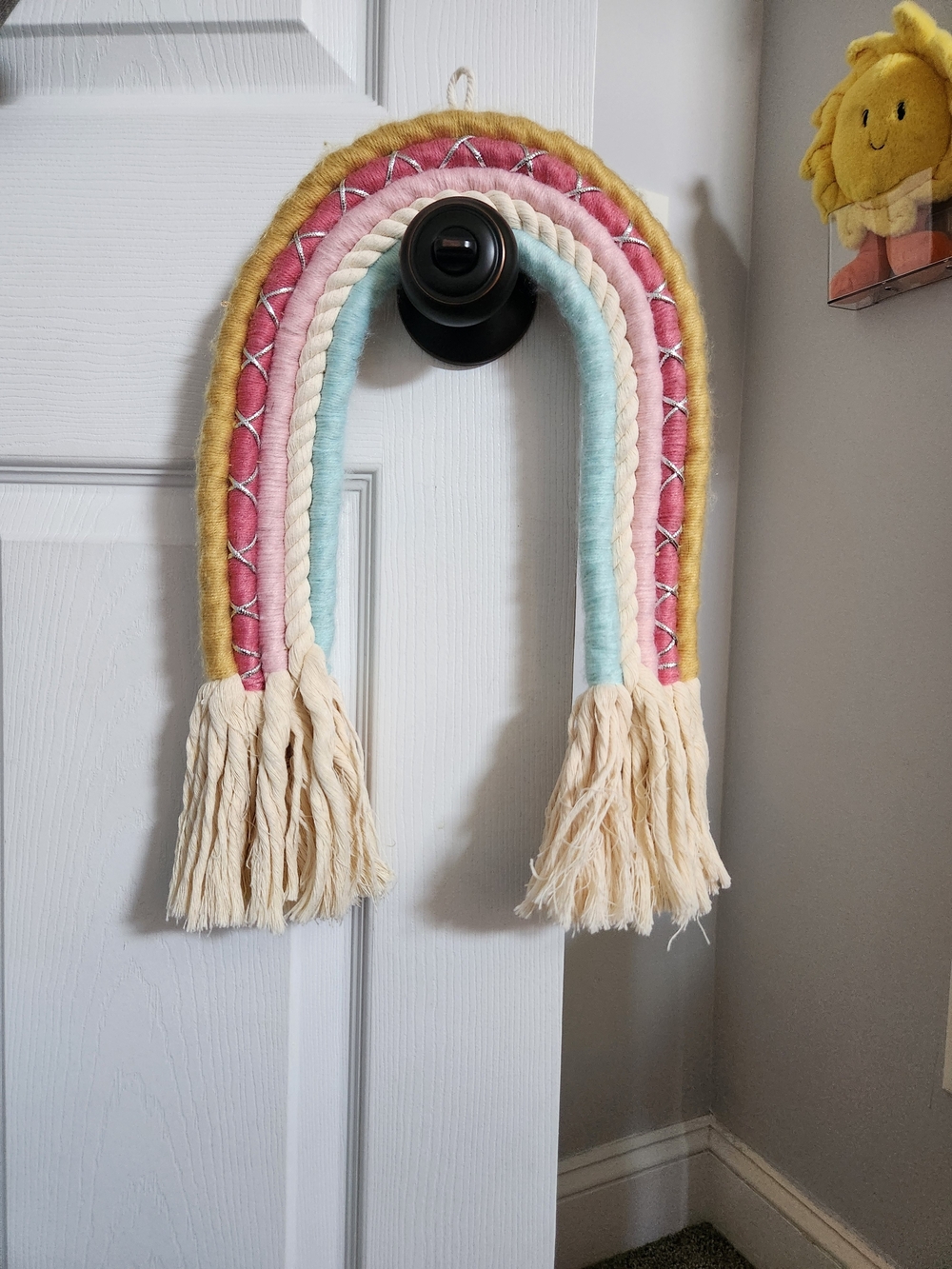 Handmade Cotton Rainbow Wall Hanging in Pink, Yellow & Light Blue